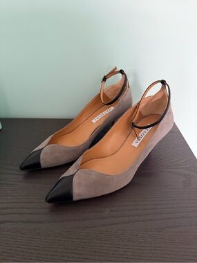 Aquazzura Taupe Suede Pointed Toe Flats with Black Cap & Ankle Strap
